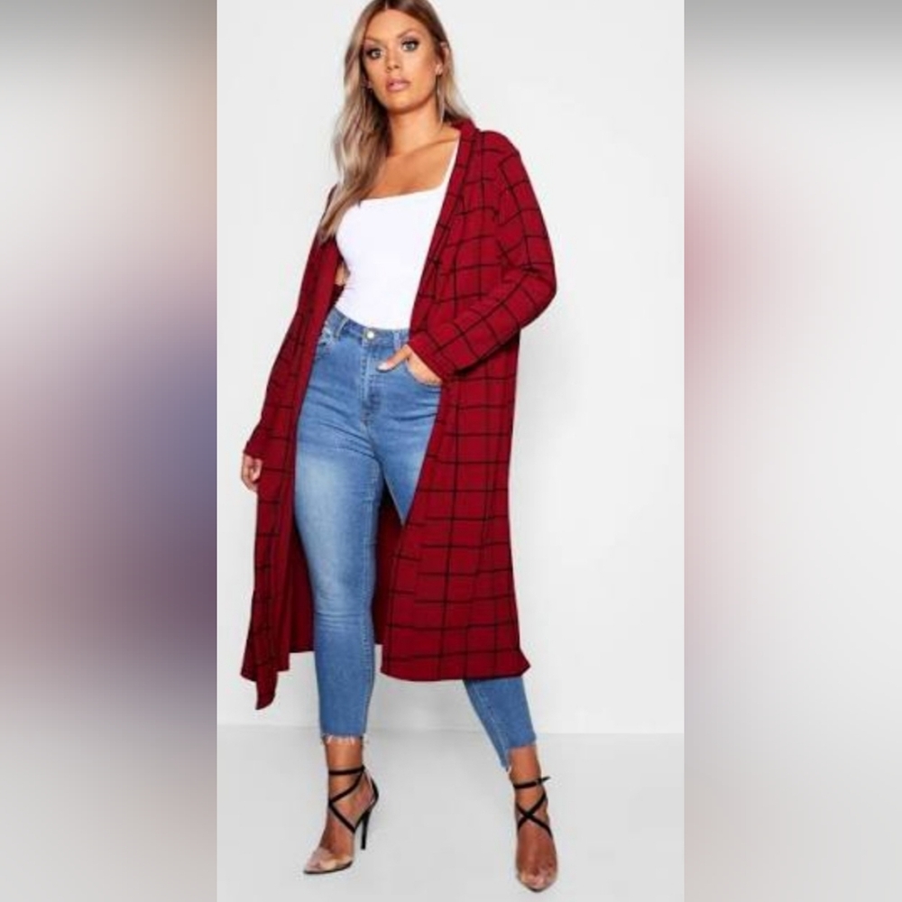 Boohoo " Berry" Windowpane Check Duster Sz 16